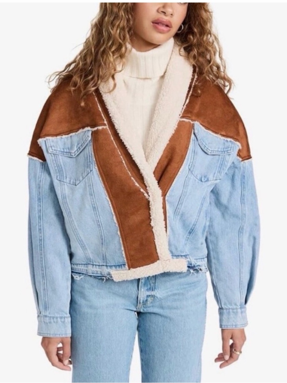 Blank NYC Shearling-Lined Denim Jacket with Suede Trim - Cream & Brown